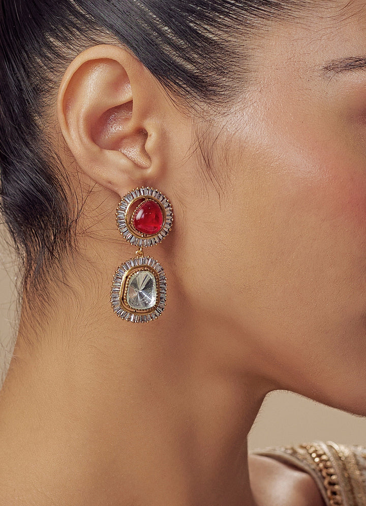 Gold Plated Red Kundan And Polki Dangler Earrings