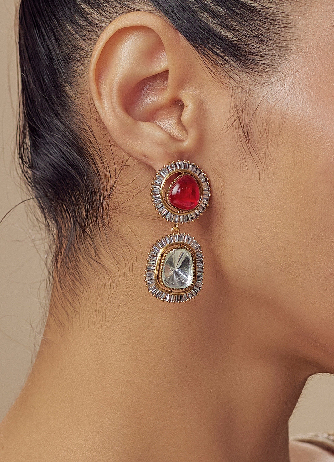 Gold Plated Red Kundan And Polki Dangler Earrings