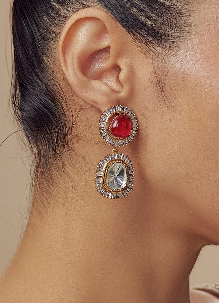Gold Plated Red Kundan And Polki Dangler Earrings