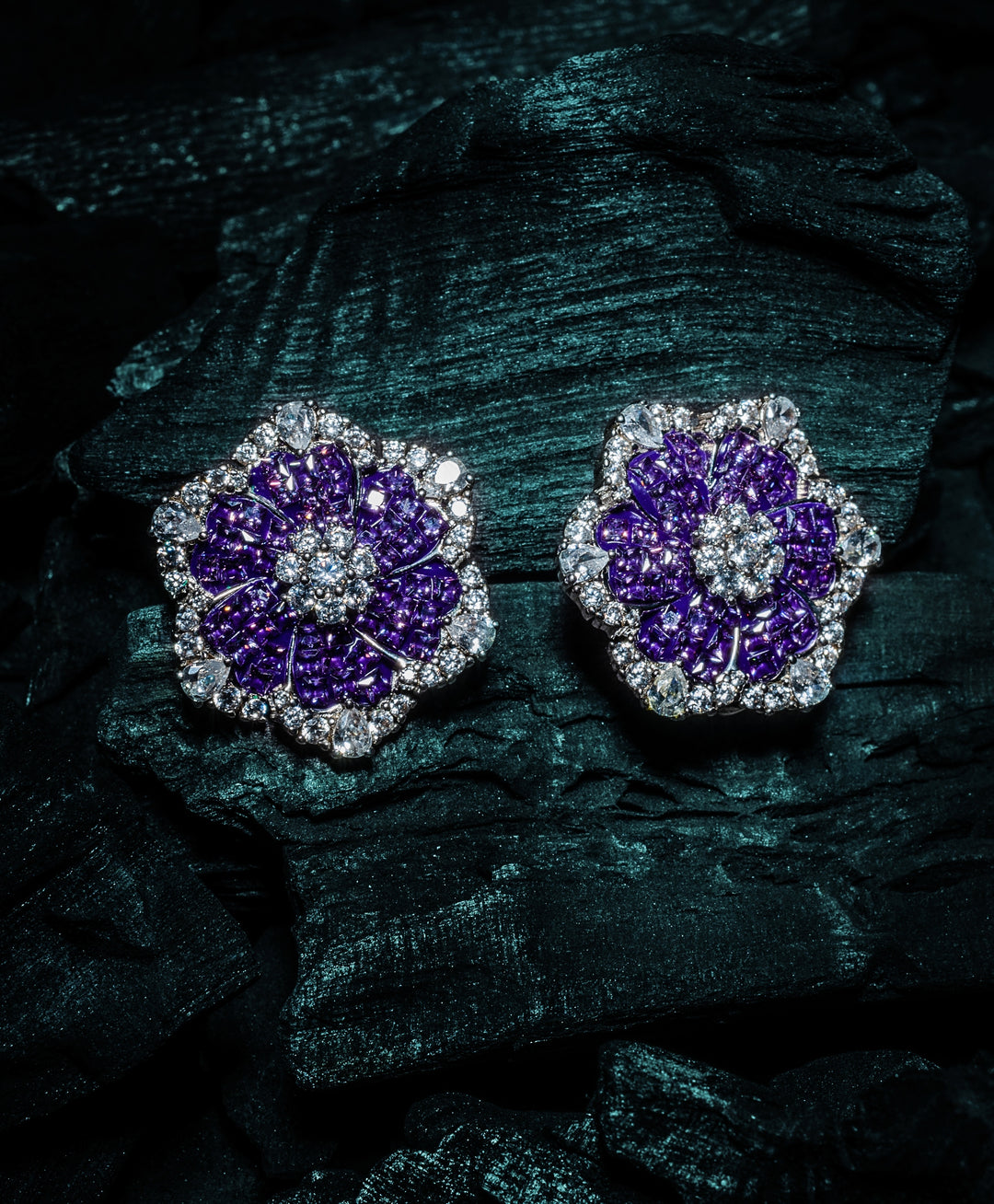 Silver Plated Floral Purple Zircon Stud Earrings