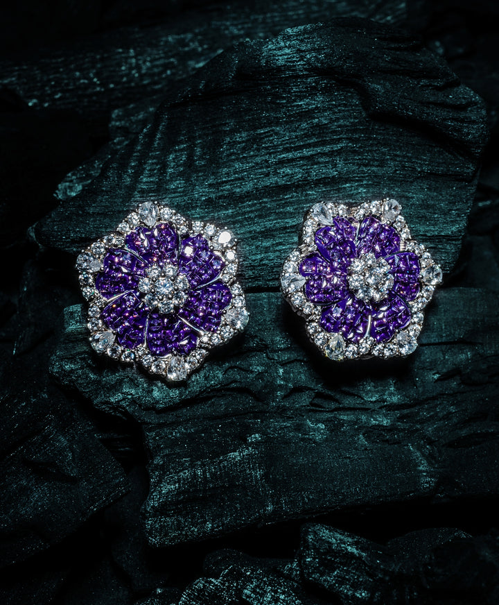 Silver Plated Floral Purple Zircon Stud Earrings