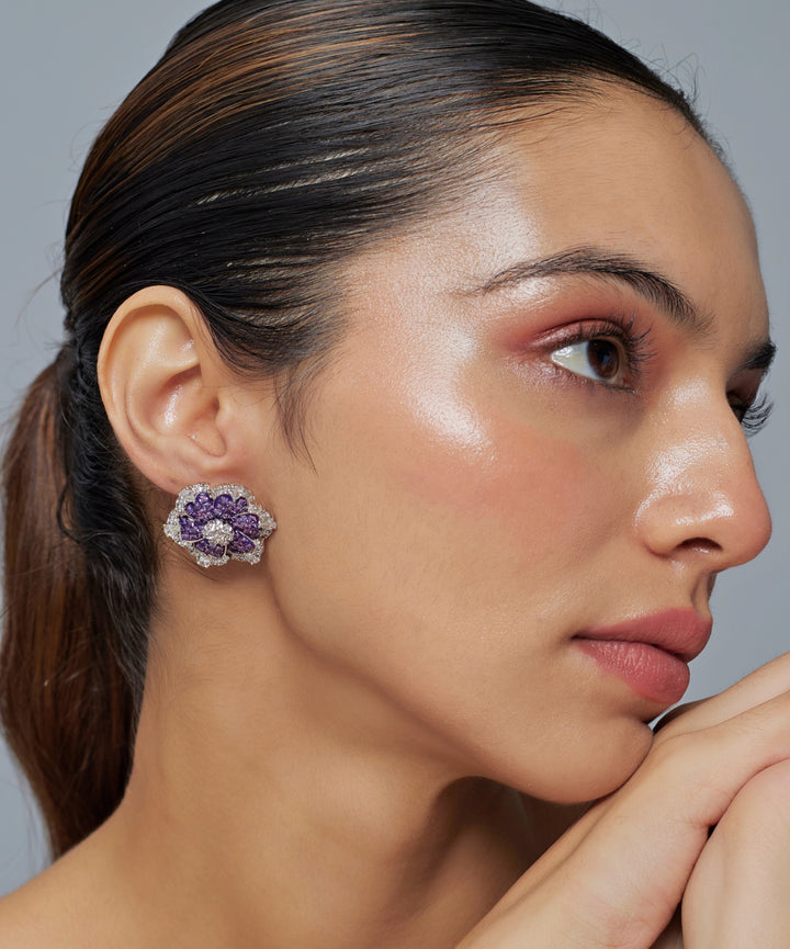 Silver Plated Floral Purple Zircon Stud Earrings