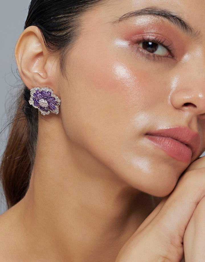 Silver Plated Floral Purple Zircon Stud Earrings