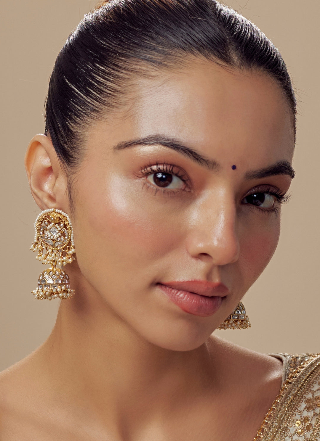 Gold Plated Kundan And Pearl Jhumka Earrings
