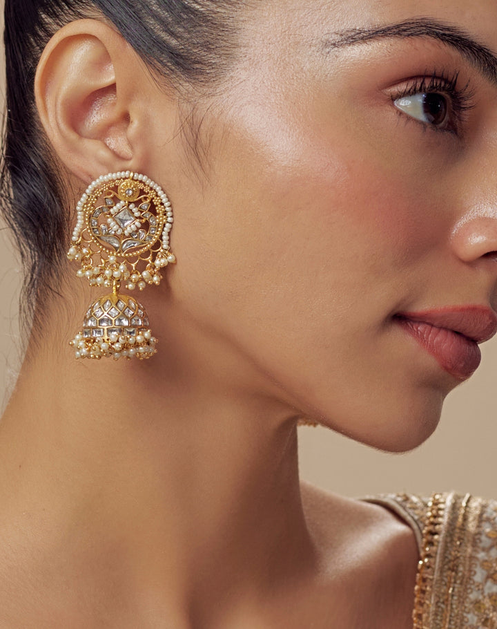 Gold Plated Kundan And Pearl Jhumka Earrings