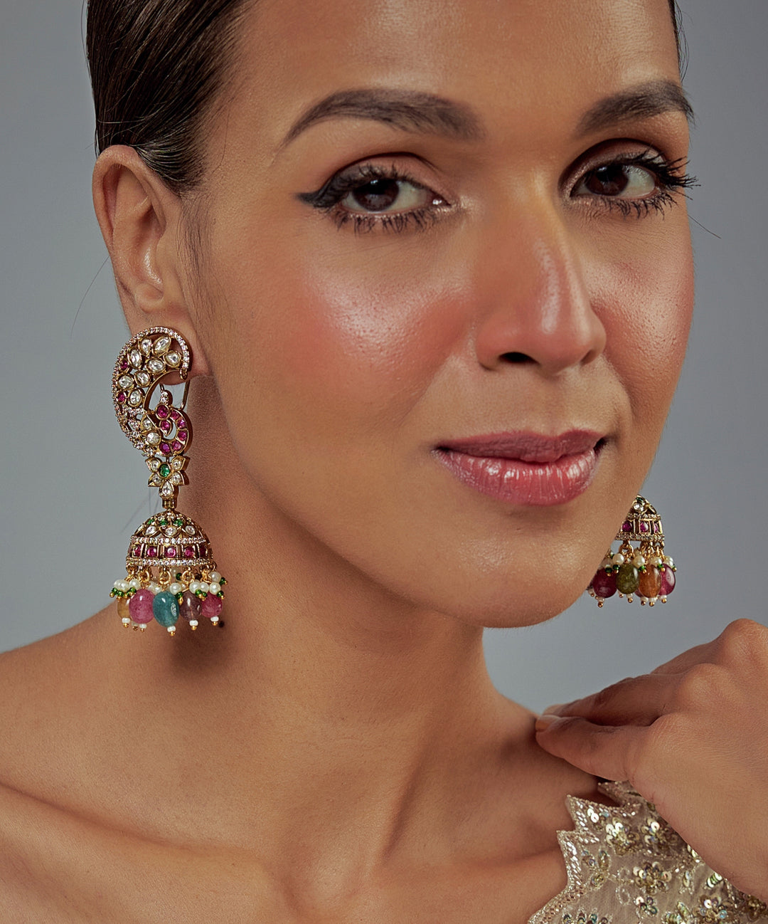 Gold Plated Multi Kundan And Polki Jhumkas Earrings