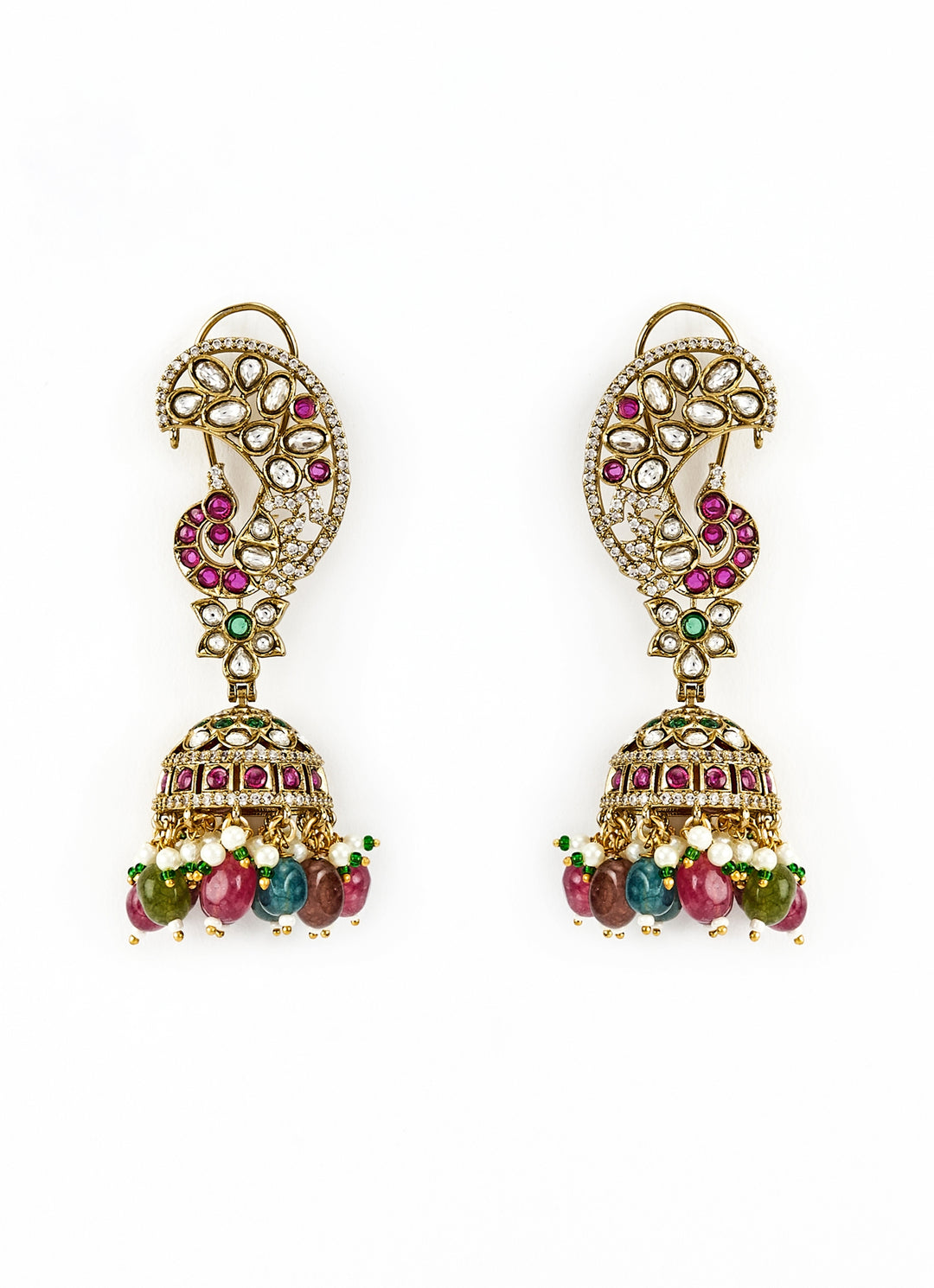 Gold Plated Multi Kundan And Polki Jhumkas Earrings