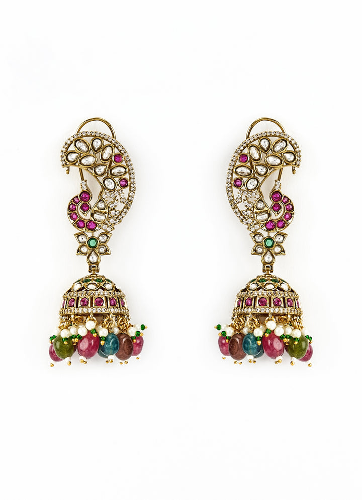 Gold Plated Multi Kundan And Polki Jhumkas Earrings