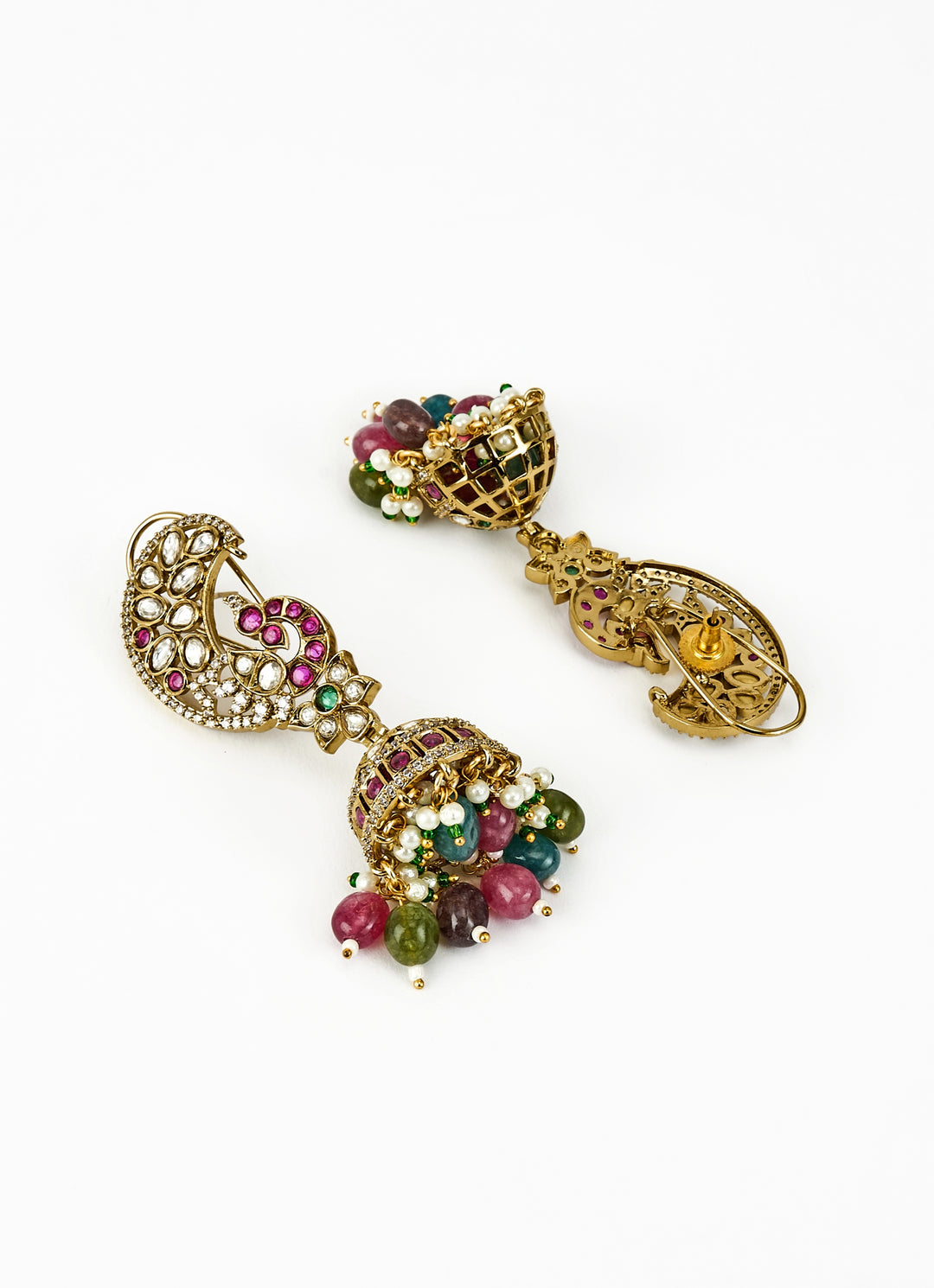 Gold Plated Multi Kundan And Polki Jhumkas Earrings