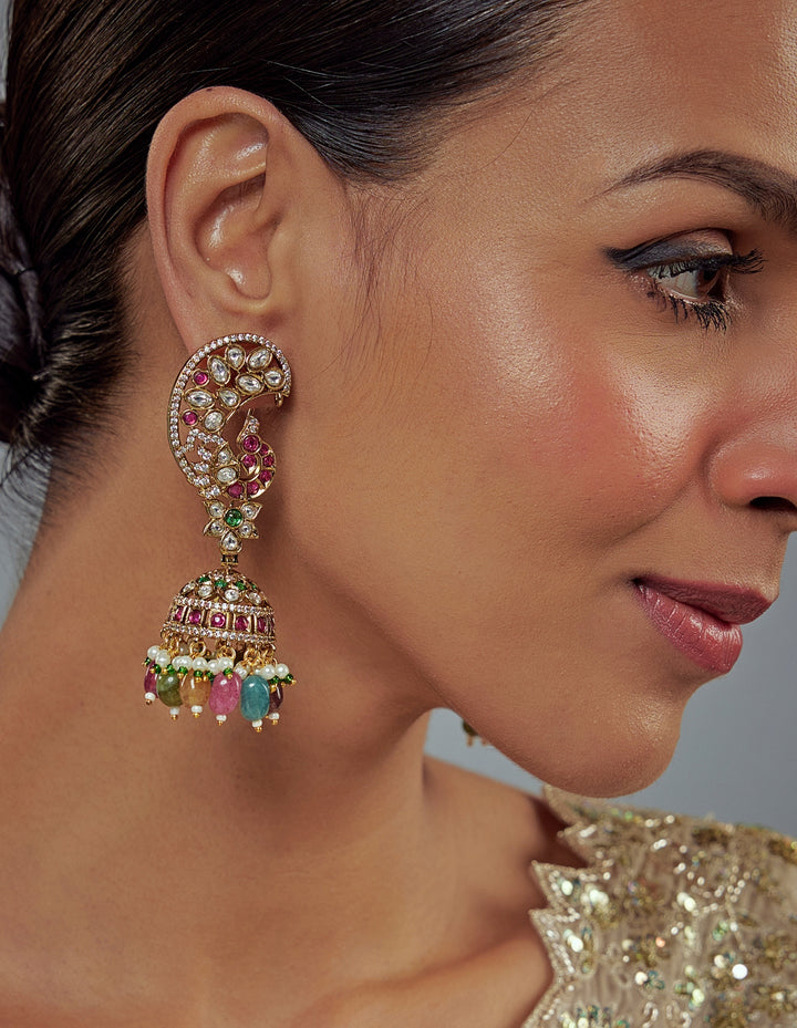 Gold Plated Multi Kundan And Polki Jhumkas Earrings