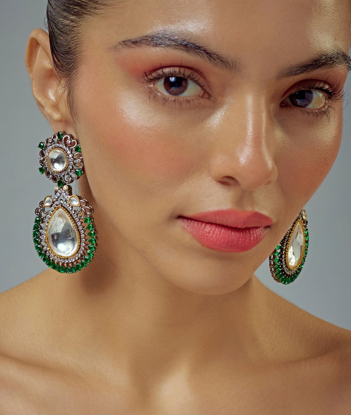 Silver Plated Green Stone And Kundan Drop Earrings