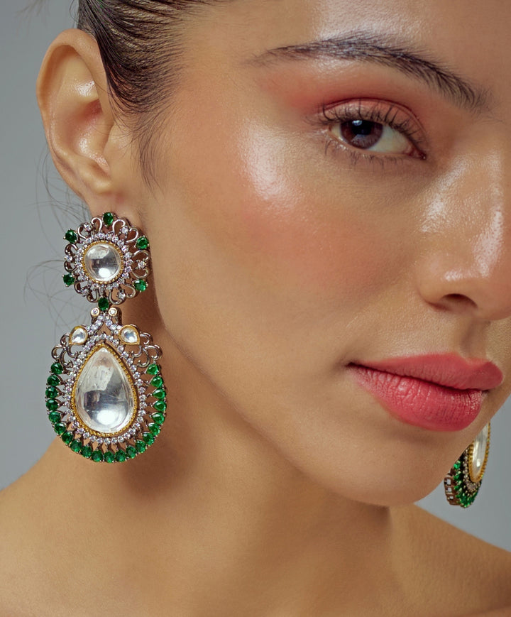 Silver Plated Green Stone And Kundan Drop Earrings