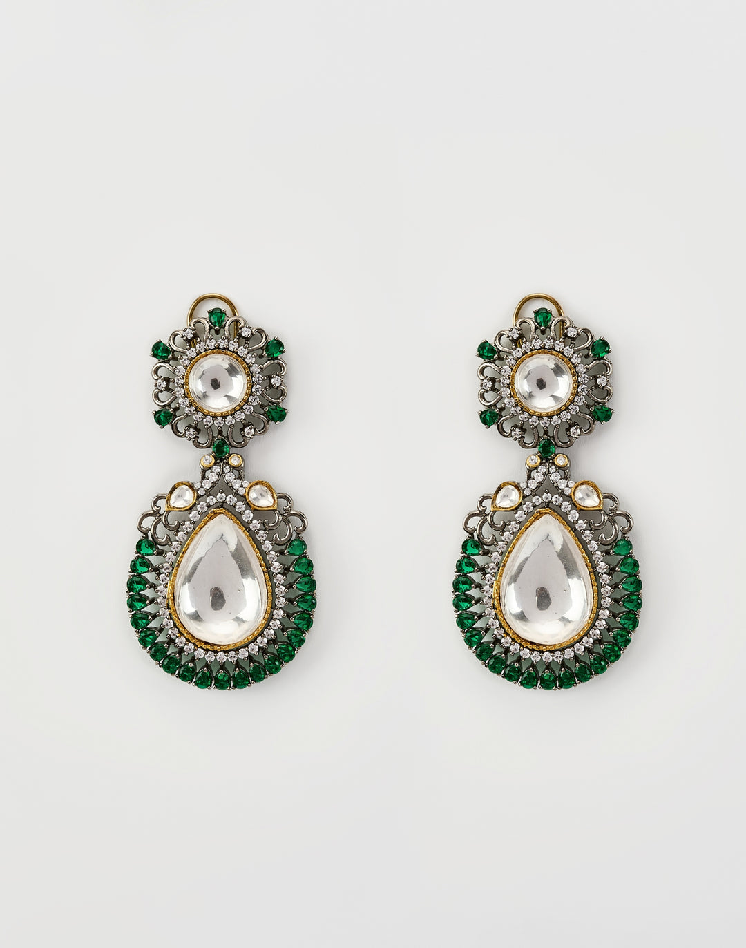 Silver Plated Green Stone And Kundan Drop Earrings