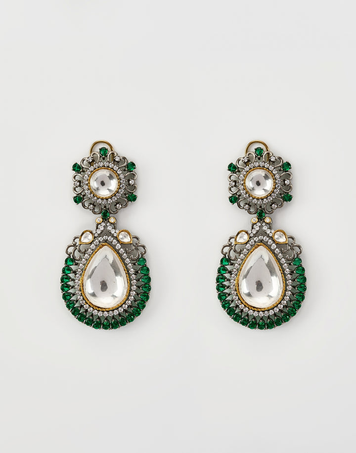 Silver Plated Green Stone And Kundan Drop Earrings