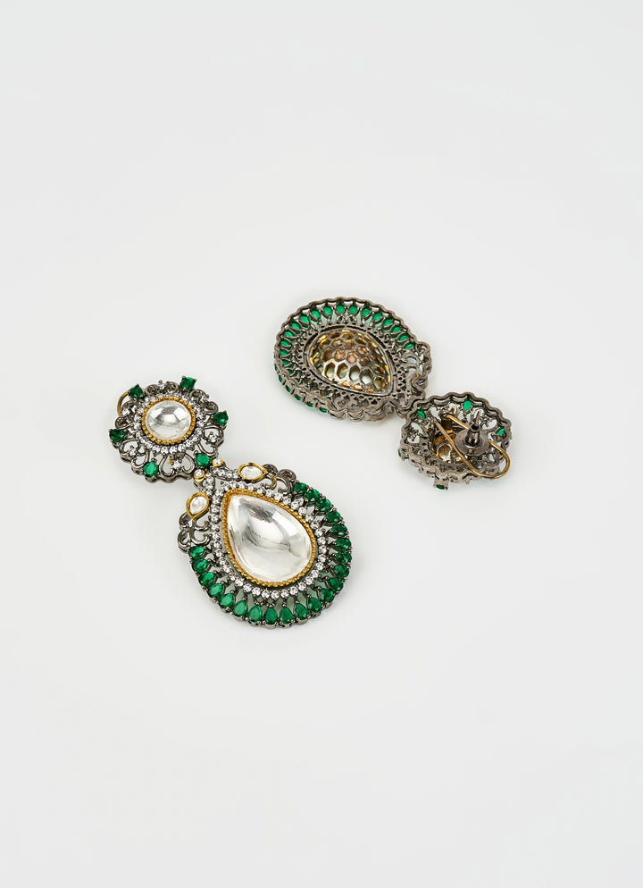 Silver Plated Green Stone And Kundan Drop Earrings