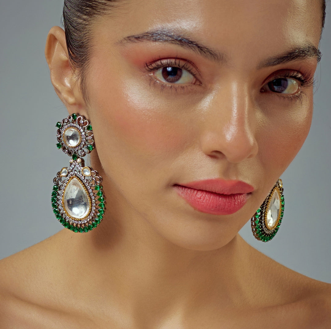 Silver Plated Green Stone And Kundan Drop Earrings