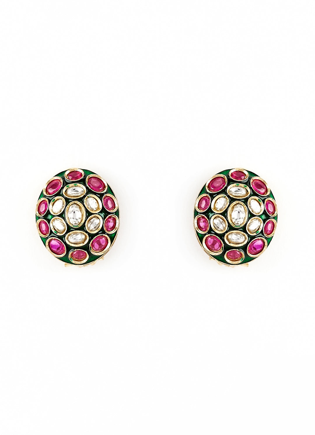 Gold Plated Pink And Green Kundan Studs Earrings