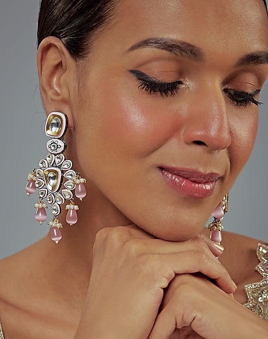 Gold Plated White Kundan And Pink Drop Floral Earrings