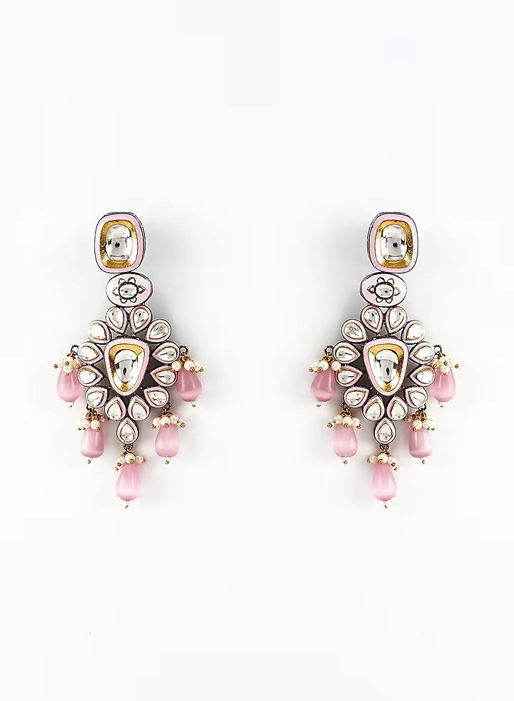 Gold Plated White Kundan And Pink Drop Floral Earrings