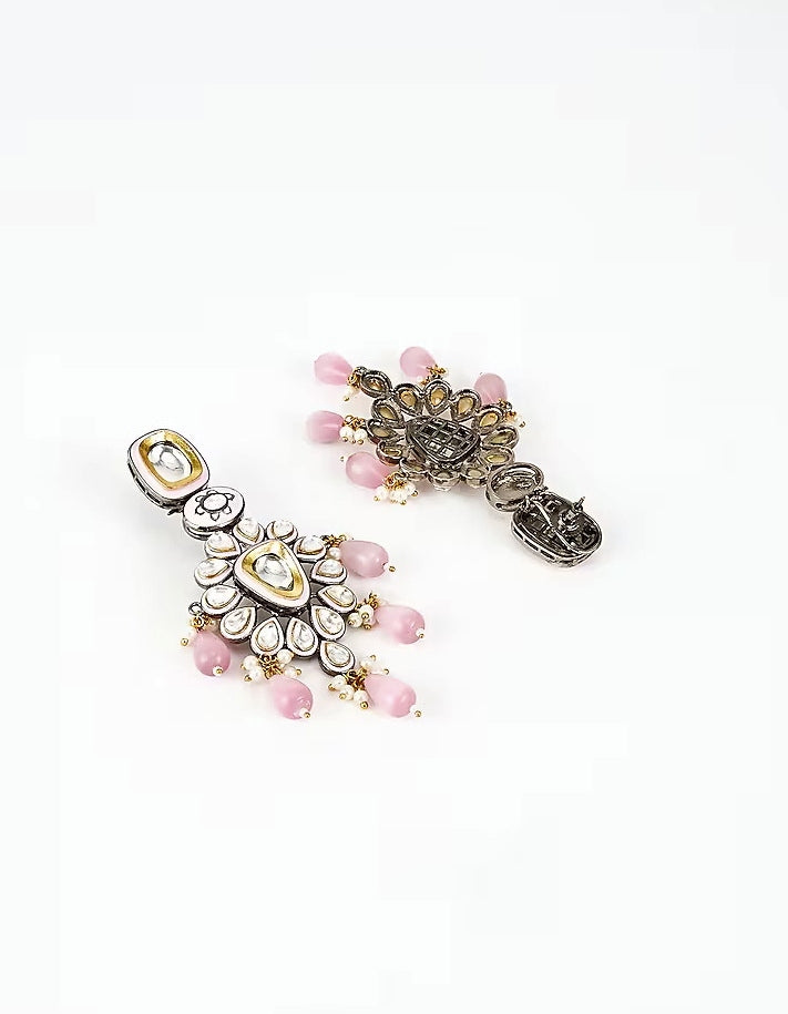 Gold Plated White Kundan And Pink Drop Floral Earrings
