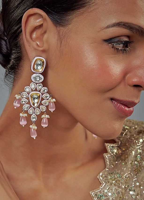 Gold Plated White Kundan And Pink Drop Floral Earrings