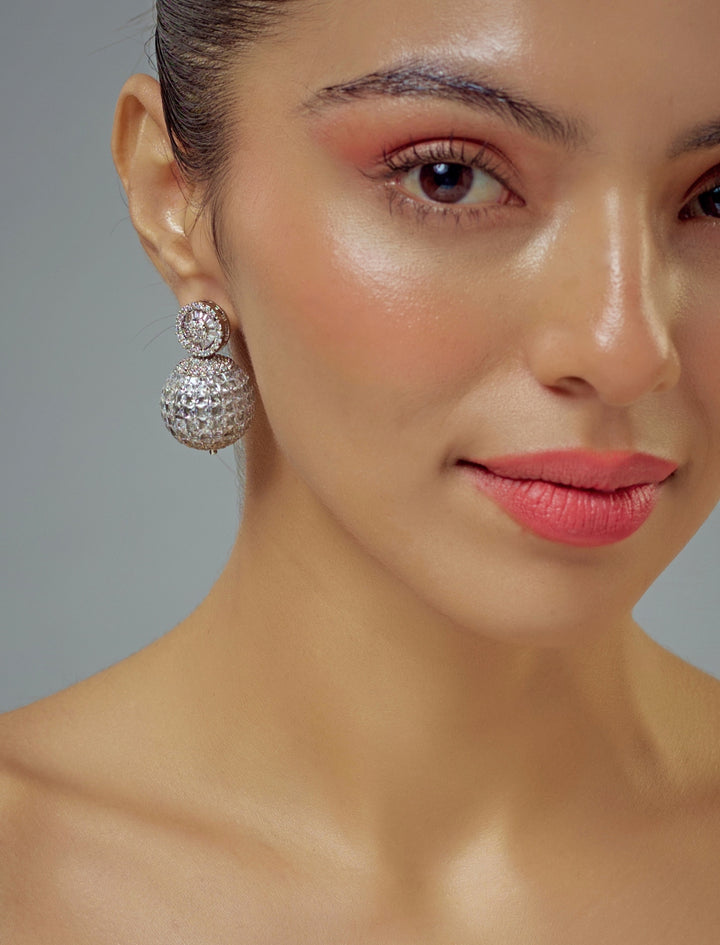 Silver Plated Round Zircon Drop Stud Earrings