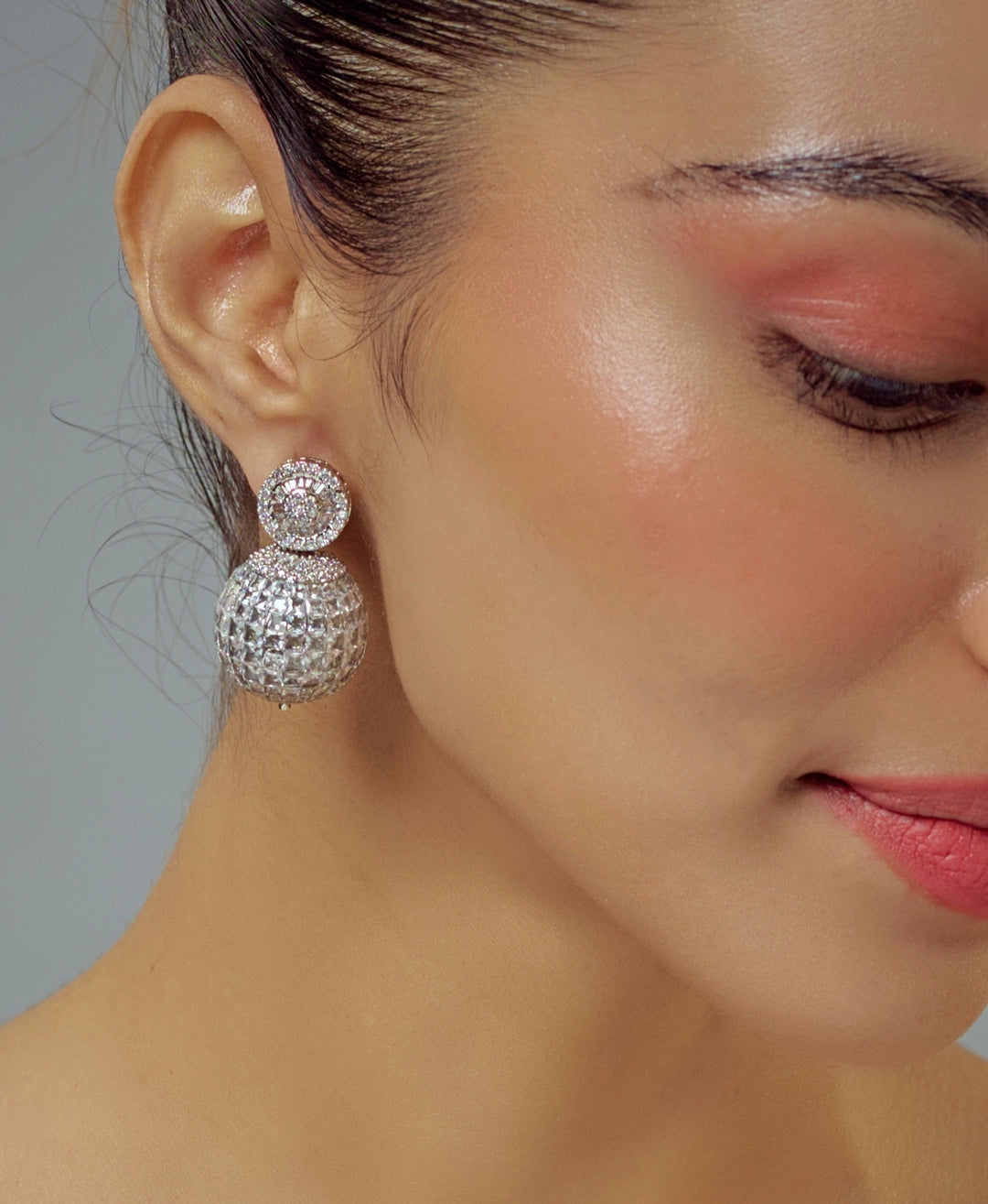 Silver Plated Round Zircon Drop Stud Earrings