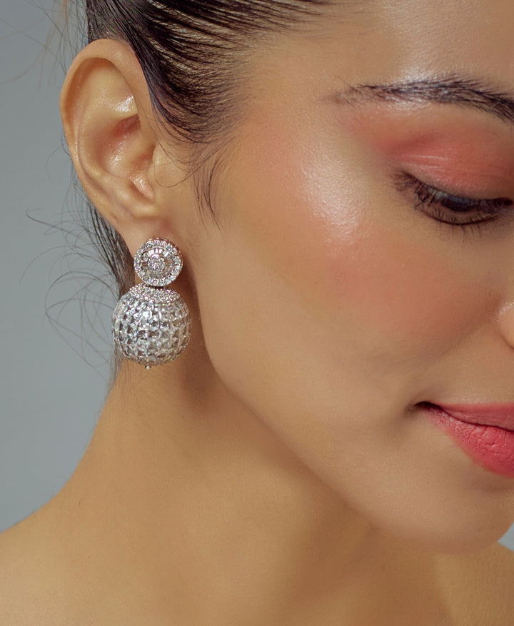 Silver Plated Round Zircon Drop Stud Earrings