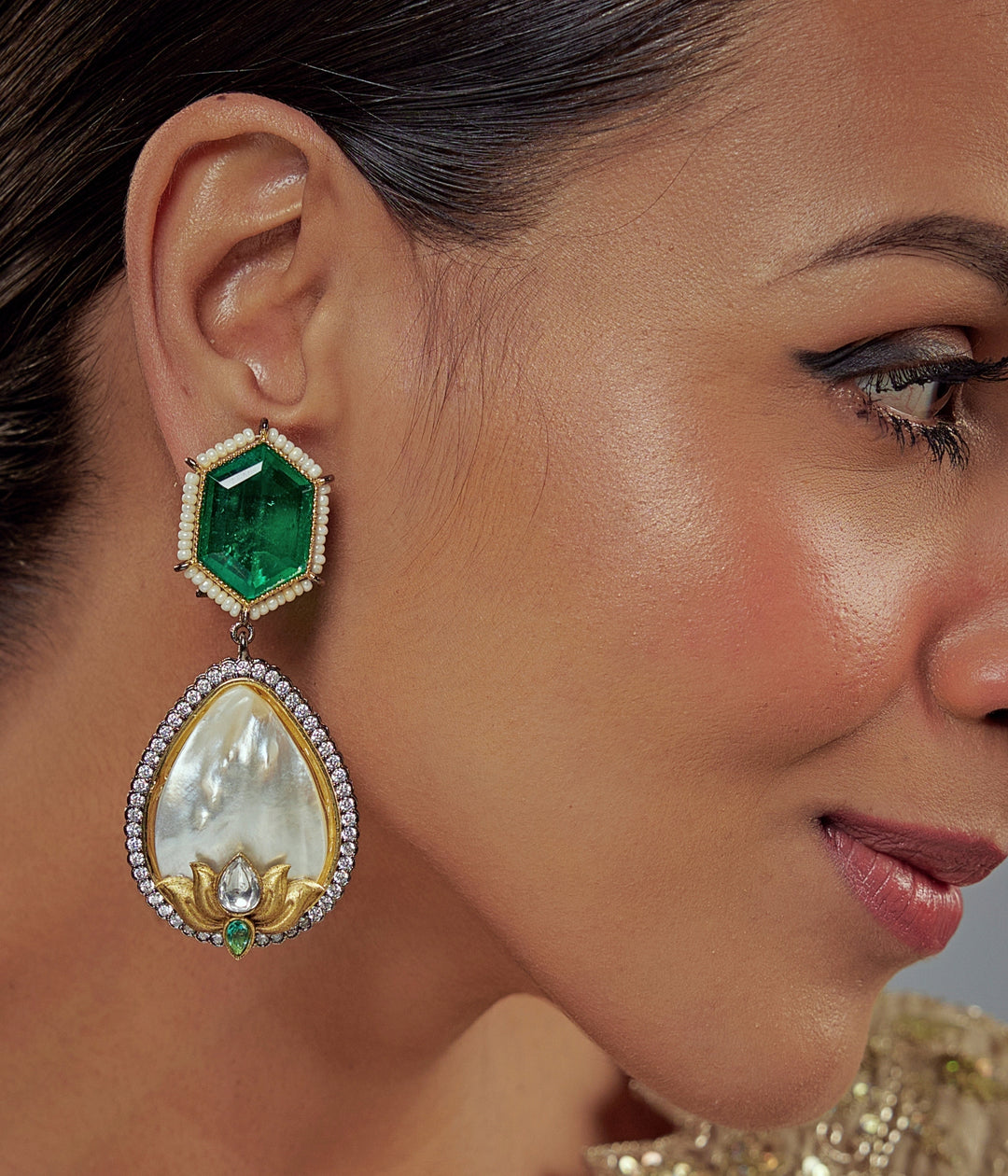 Gold Plated Green And White Kundan Danglers Earrings