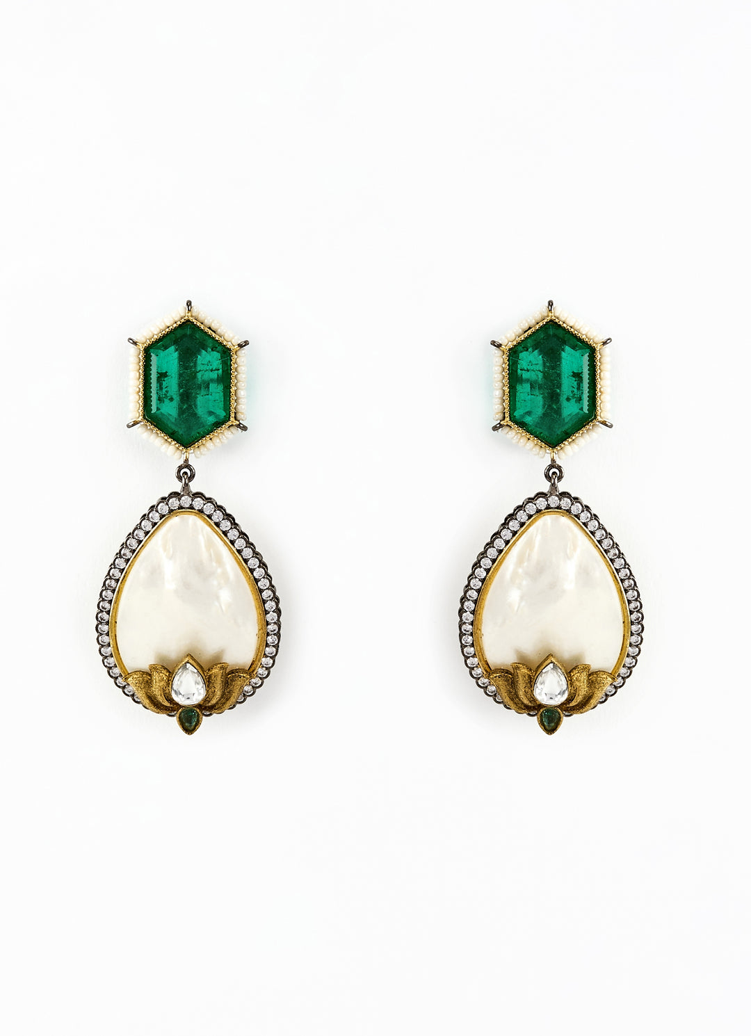 Gold Plated Green And White Kundan Danglers Earrings