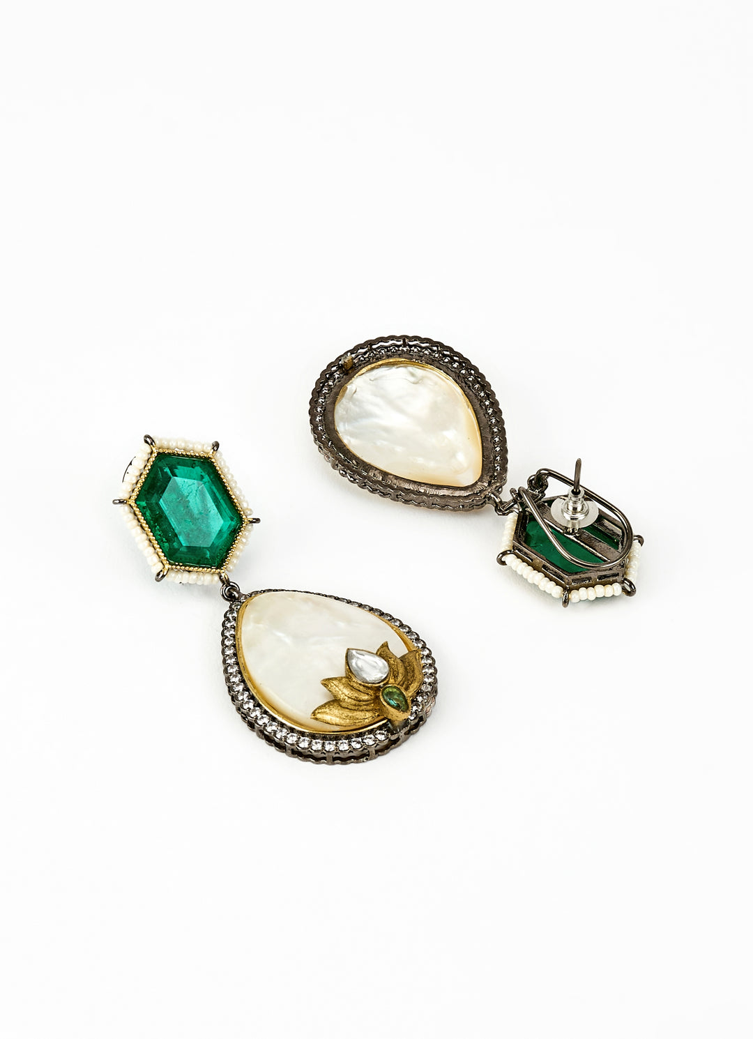 Gold Plated Green And White Kundan Danglers Earrings