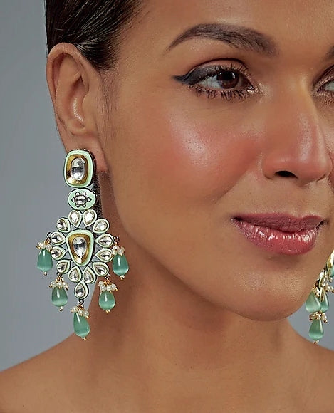 Gold Plated White Kundan And Green Drop Floral Earrings