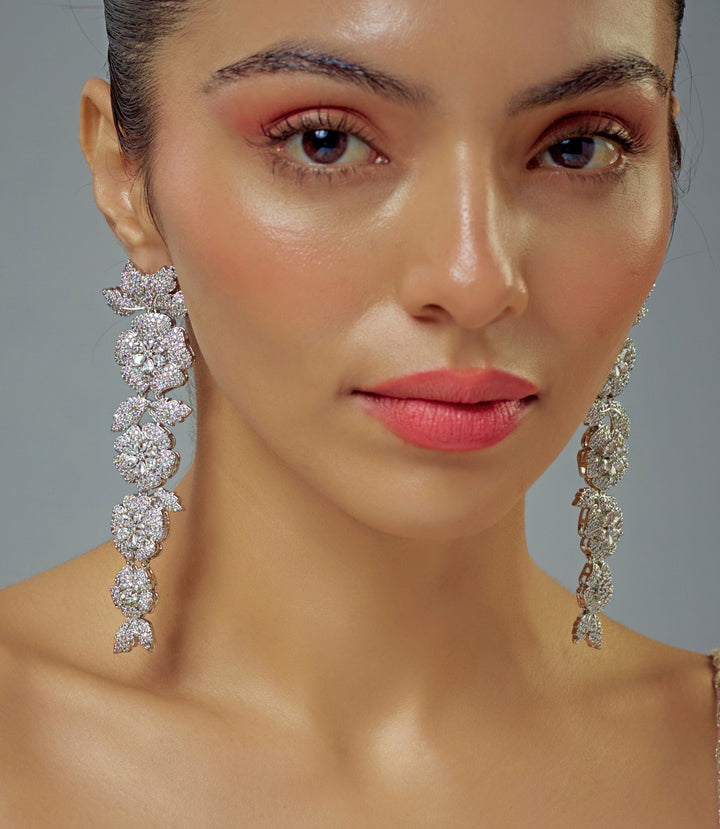Silver Plated Floral Zircon Long Dangler Earrings