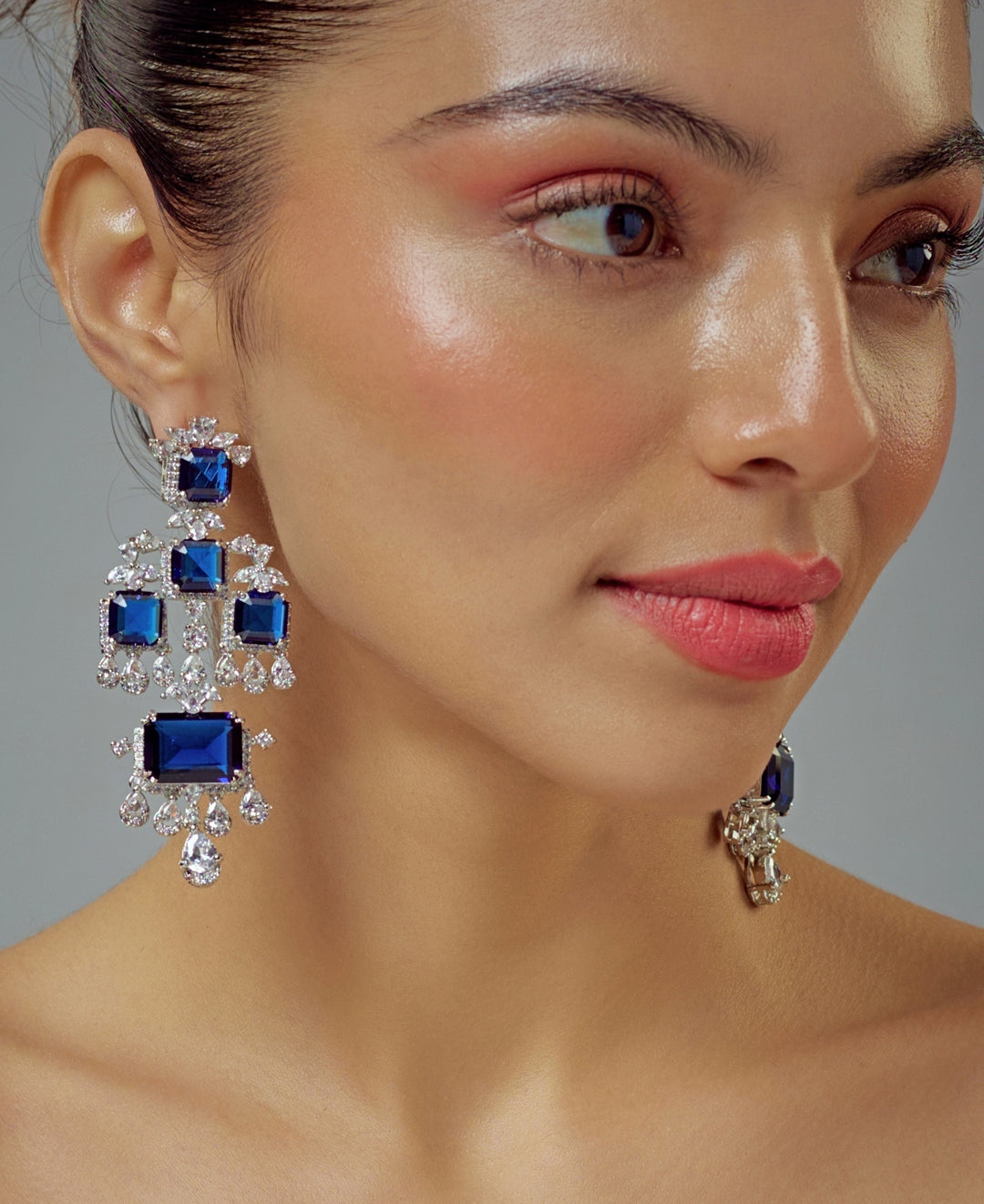 Silver Plated Blue Stone And Zircon Dangler Earrings