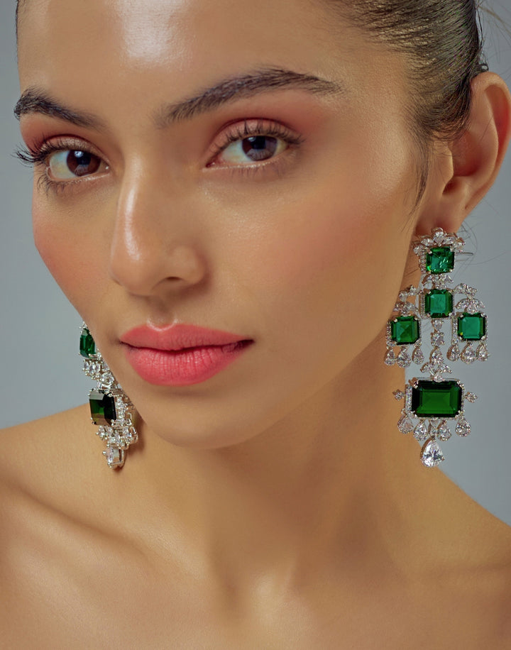 Silver Plated Emerald Green And Zircon Dangler Earrings