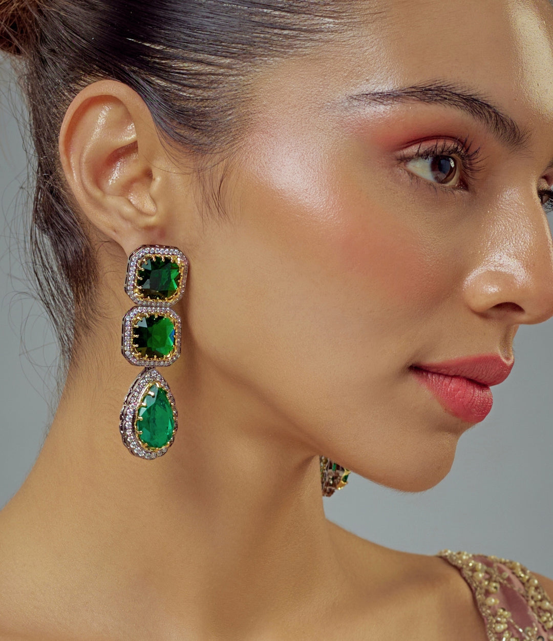 Silver Plated Green Zircon Danglers Earrings