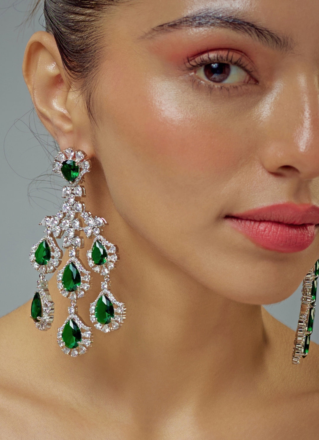 Silver Plated Green And Crystal Dangler Earrings