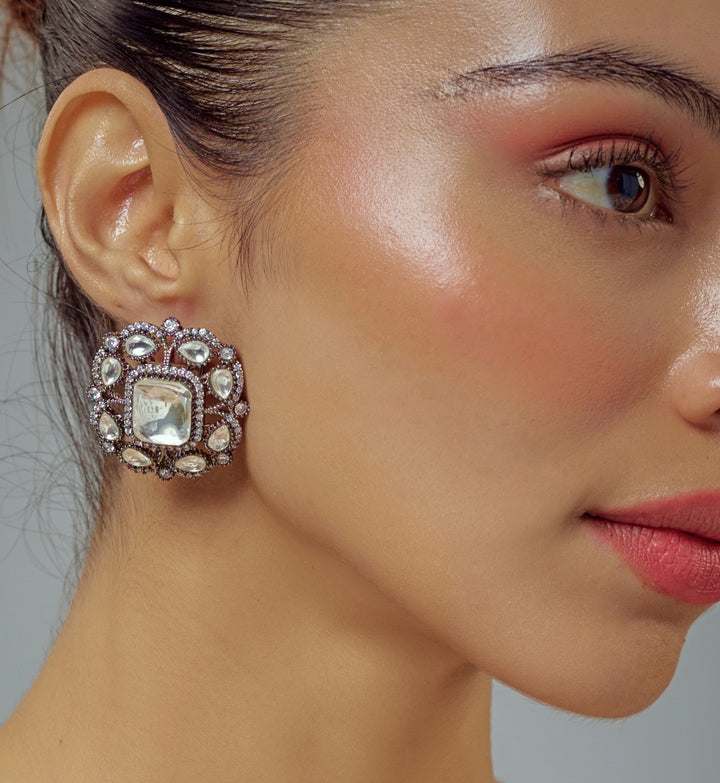 Silver Plated Kundan And Polki Stud Earrings