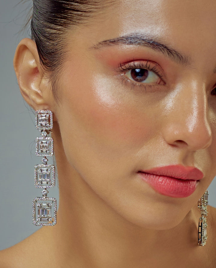 Silver Plated Geometric Zircon Dangler Earrings