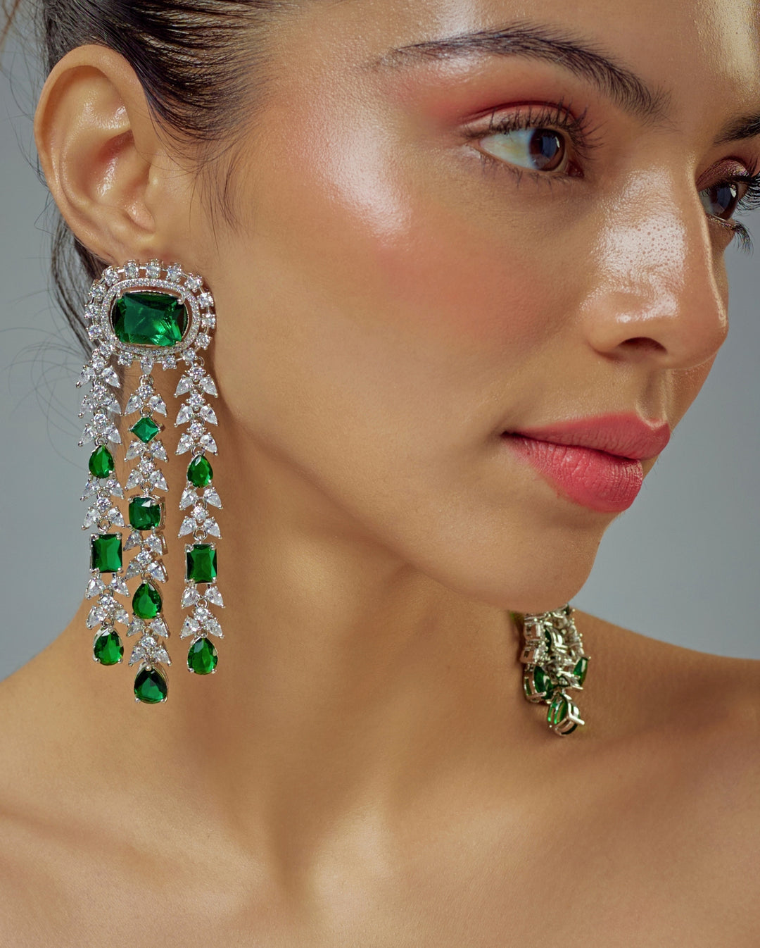 Silver Plated Green Zircon Dangler Drop Earrings