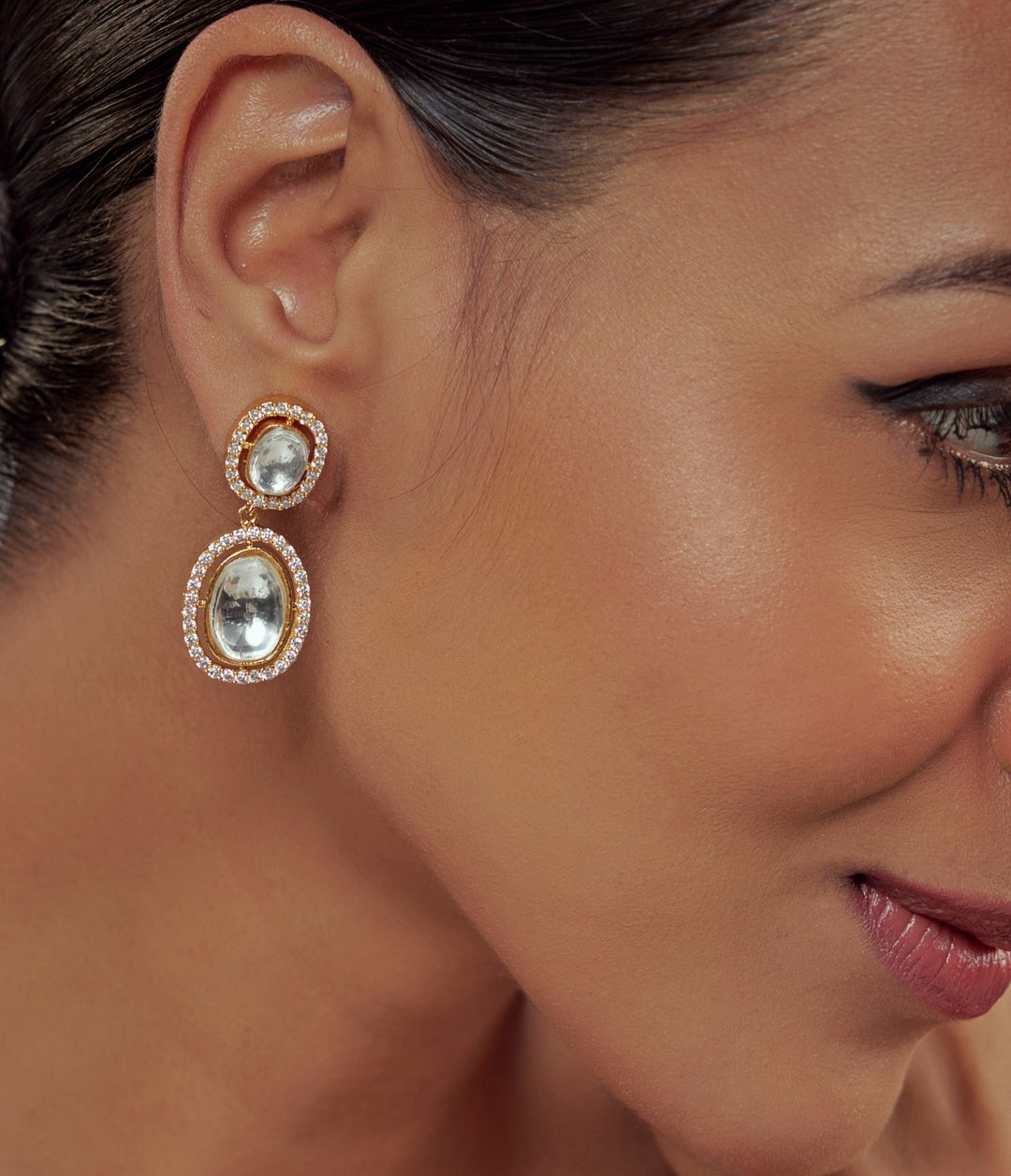 Gold Plated White Kundan Danglers Earrings