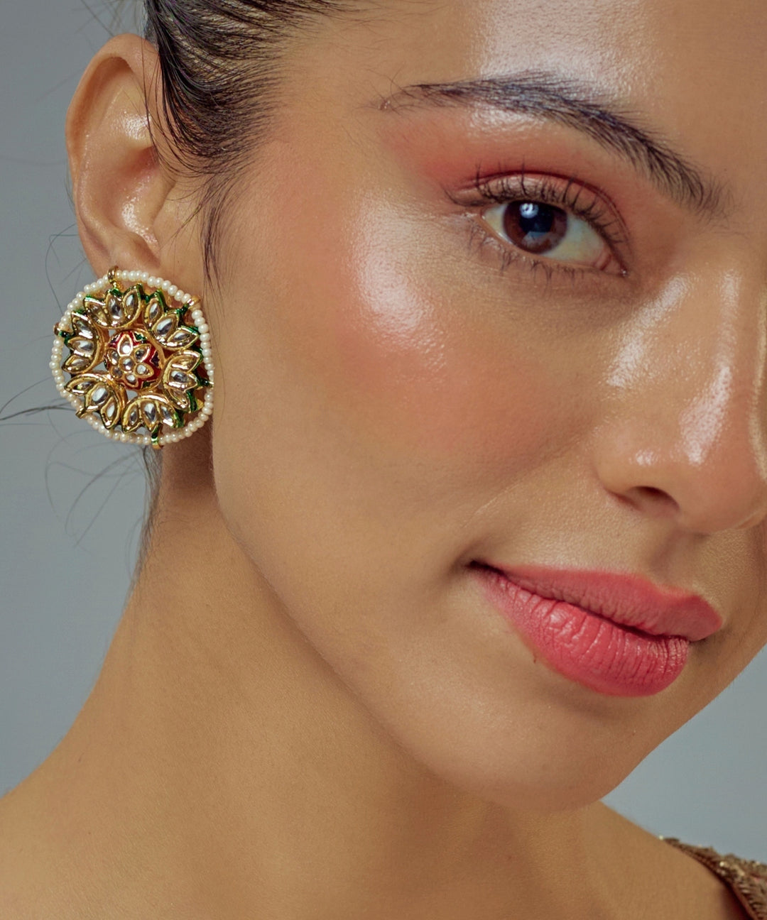 Gold Plated Kundan And Polki Stud Earrings