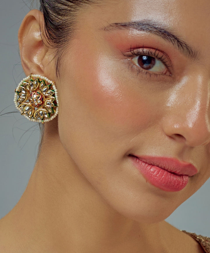Gold Plated Kundan And Polki Stud Earrings