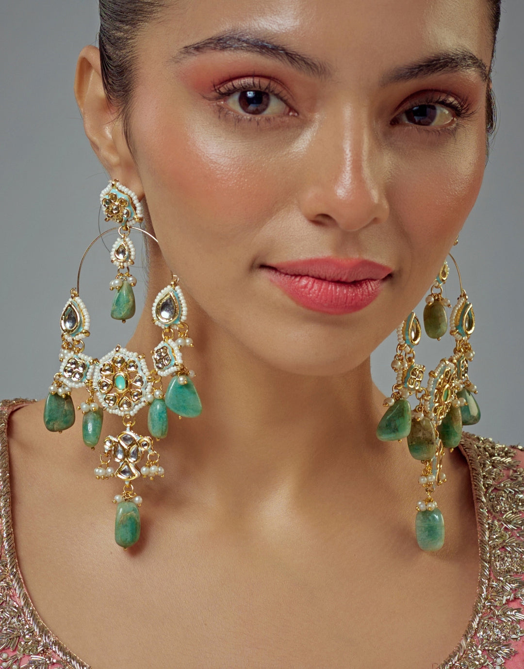 Gold Plated Green Kundan And Polki Dangler Earrings