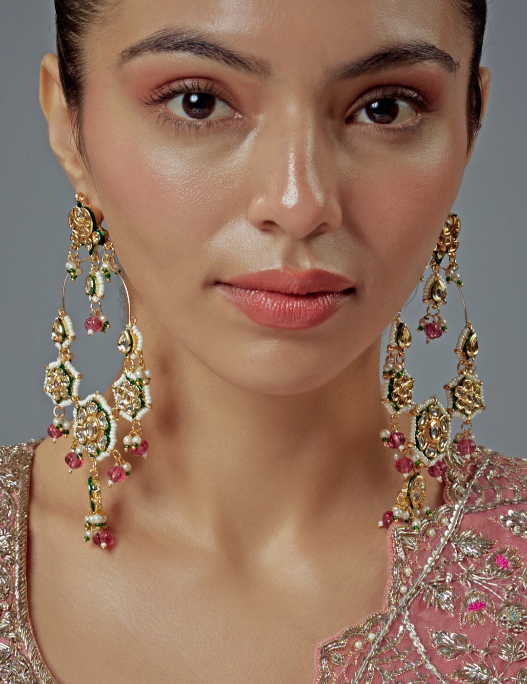 Gold Plated Multi Stone Kundan And Polki Chandbalis