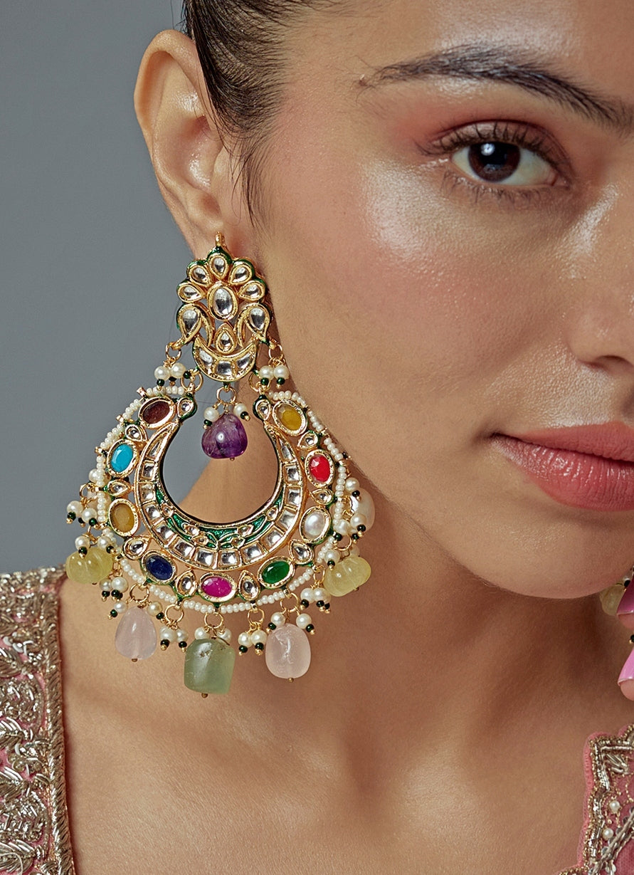 Gold Plated Multi Beaded Kundan Chandbali Earrings