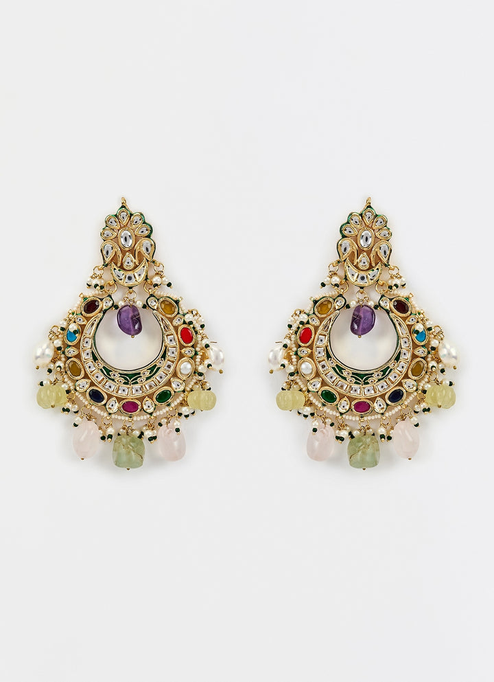 Gold Plated Multi Beaded Kundan Chandbali Earrings