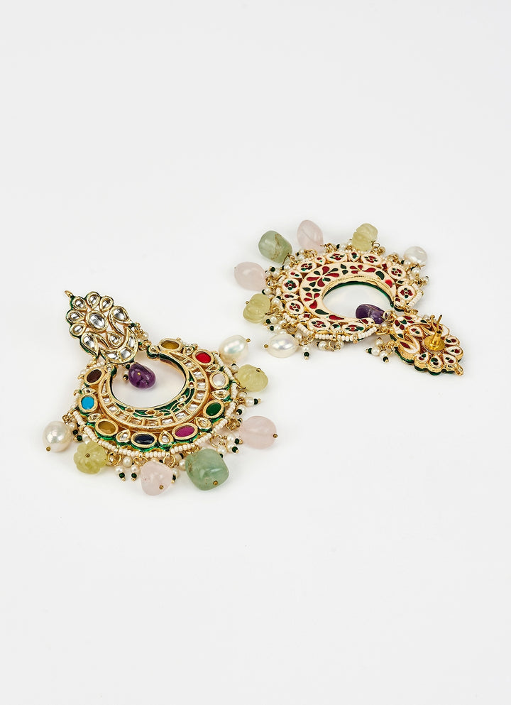 Gold Plated Multi Beaded Kundan Chandbali Earrings