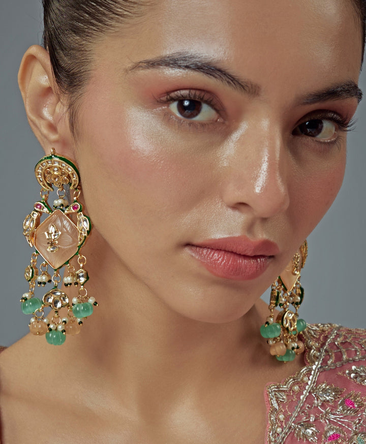 Gold Plated Pastel Stone Pearl And Kundan Earrings