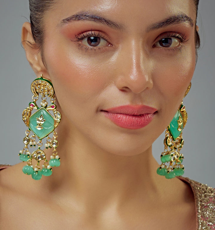 Gold Plated Pastel Stone And Kundan Earrings